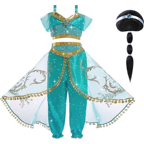 Costume da Principessa Jasmine per bambine, abito da Principessa Jasmine con parrucca e accessori, costume da principessa per bambine, ideale per feste di Natale, Halloween, compleanno e cosplay.