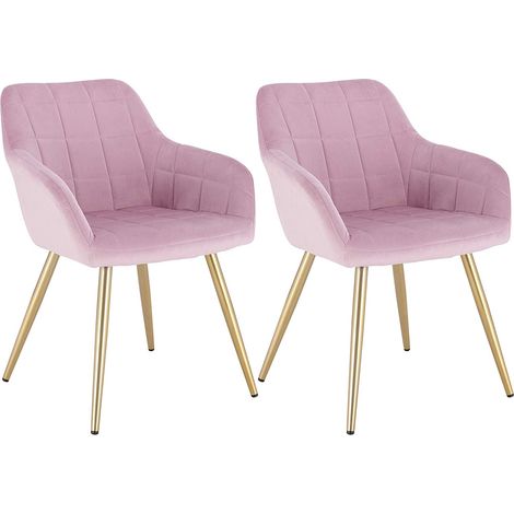 Woltu – Lot de 2 chaises de salle à manger avec accoudoirs – Structure en métal – Assise en velours rose – Hauteur d'assise 47cm – Confort ergonomique