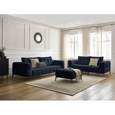 BOBOCHIC - Ensemble canapé droit fixe 3 + 2 places ANIS tissu texturé avec pouf   Bleu (1/5)