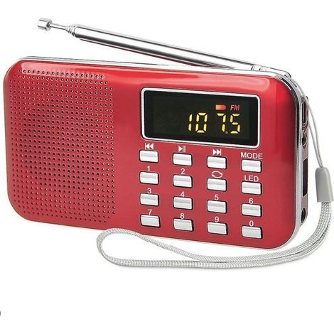 Radio portátil roja FM/AM a pilas con reproductor de MP3, altavoz, soporte para tarjeta TF, puerto USB y linterna. (1/4)