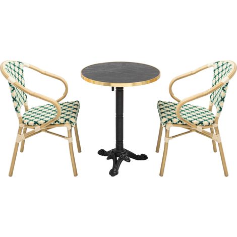 Ensemble table de terrasse marbre noir et 2 chaises vert