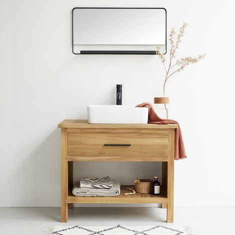 Berah Getah – Meuble sous vasque en teck massif 90 cm – Hauteur 75 cm – Profondeur 50 cm – Poignée noire – Livré monté (1/4)