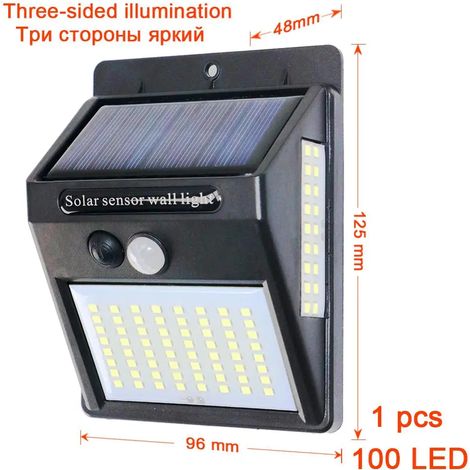 (100 LED - 1 pièce) Lampe solaire murale à détecteur de mouvement PIR et contrôle de la luminosité, 3 faces, pour allée, jardin ou cour. (1/5)