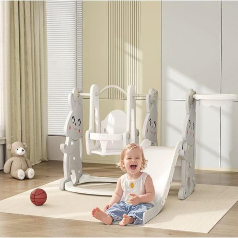 Toboggan enfant 4-en-1 avec balançoire, structure d’escalade et panier de basket, pour intérieur et extérieur, gris, pour 1,5 à 4 ans  CHICFURN (1/5)