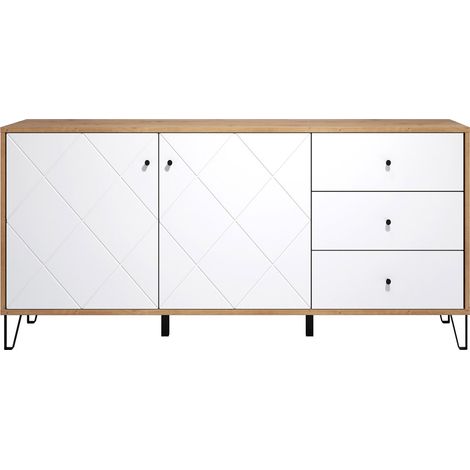 Touch Sideboard 2 Türen, 3 Schubladen Eiche Dekor, weiß matt.