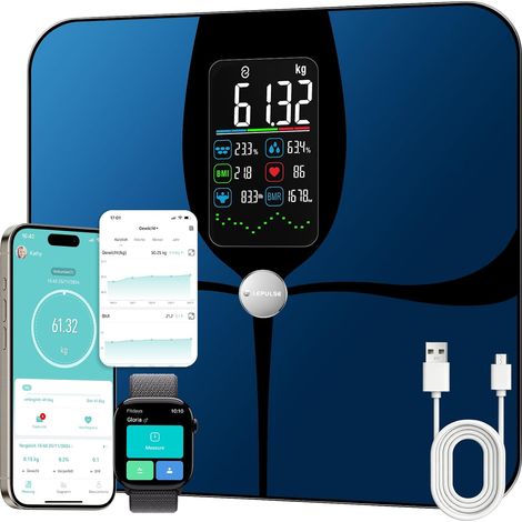 Balance Pese Personne Connectée Impédancemètre, 4,68" Grand écran VA, 22 Métriques, Fréquence Cardiaque, Balance Masse Graisseuse et Musculaire, Port Type-C, App Android/iOS, 180kg/400lb (1/5)