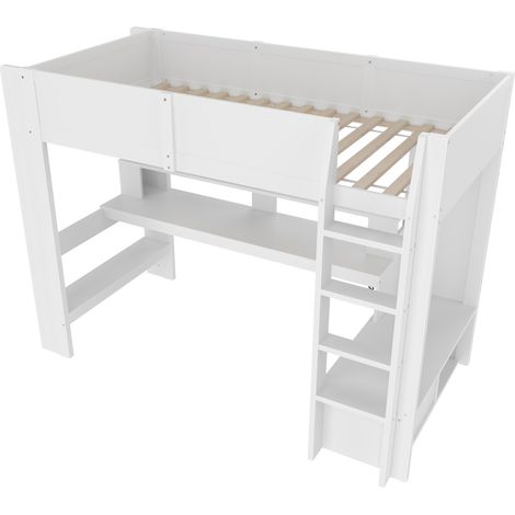 Hochbett 90 x 200 cm mit Schreibtisch, Schubladen, Regalen und LED mit 16 Farben, weiß (1/5)