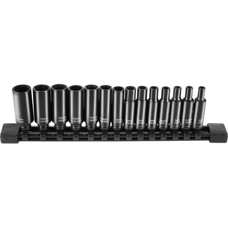 Vasos de impacto de 1/2", 10-24 mm, acero aleado CR-V, 6 puntas, juego de 13 piezas, Deep-d, juego de 14 piezas (1/2)
