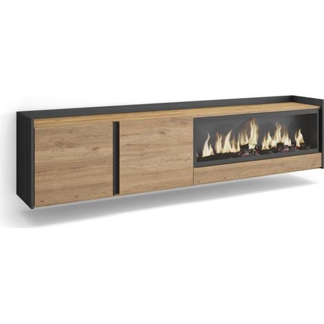 Mueble TV Monda-01 de 212x50x35 cm con chimenea eléctrica XXL, suspendido, color roble y negro (1/4)