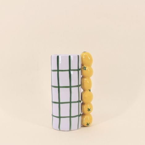 Vase quadrillé vert, citrons en relief, H18cm