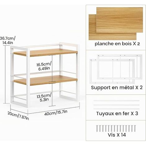 Étagère Bureau Double en Bois, Organiseur de Bureau Compact, Étagère de Rangement à Poser sur Bureau pour Livres et Fournitures, Petite Étagère pour Plan de Travail, Commode ou Bibliothèque (Blanc) (1/2)