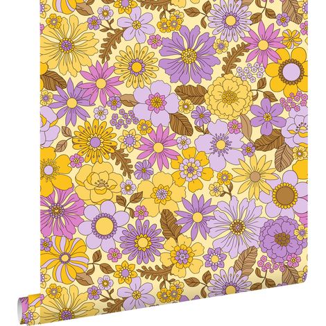 papier peint fleurs rétro jaune et violet - ESTAhome (1/5)