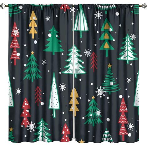 Rideau occultant de Noël Rouge Vert Noir Arbre de Noël Flocon de neige Dessin animé Fête d’hiver amusante Décoration pour chambre, salon, cuisine, café, dimensions (Larg.31,5 x Long.72 Pouces) – lot d (1/5)