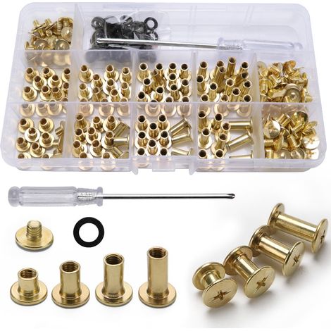 100 Set Chicago Vis Assortiment Kit, 4 Tailles Croix Ronde en Métal Vis de Reliure avec Tournevis, pour DIY, Décoration de Cuir, Réparation de Reliure, Loisirs Créatifs, M5 5/8/10/12 mm, Or (1/5)