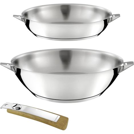Eclipse - Lot de 1 poêle 24 cm et 1 wok 28 cm finition miroir avec poignée effet bois clair (1/2)