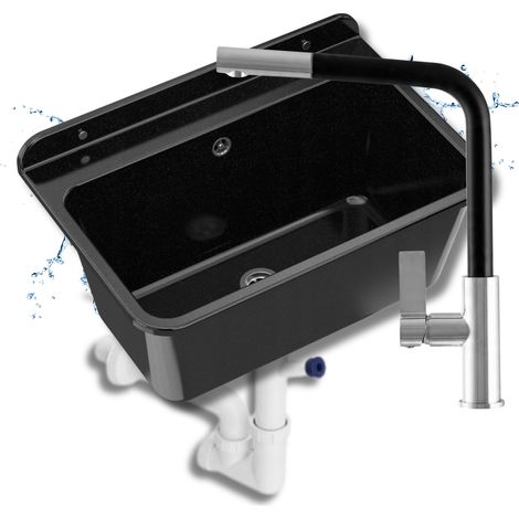 Évier de garage - Noir - 610x410x300 mm - Robinet flexible - Installation facile - Large (1/5)