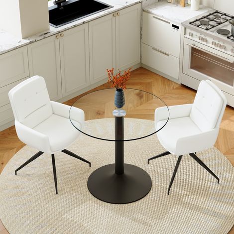 Ensemble Esstisch und 2 Drehstühle, aus Gehärtetem Glas, PU und Metall, Schwarz und Weiß (1/5)