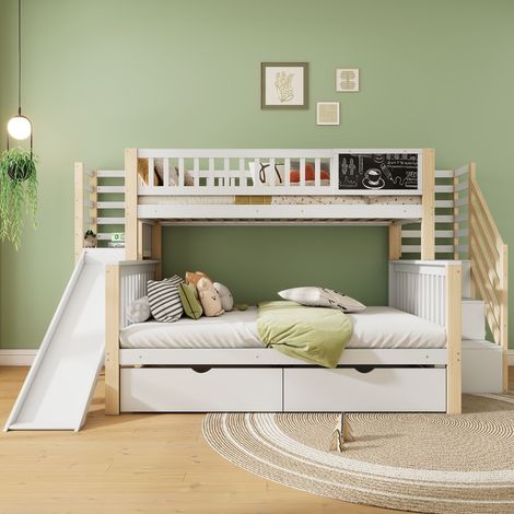 Lit superposé cabane enfant 90 x 200 / 140 x 200 cm blanc avec escalier rangement, placards, toboggan, petite ardoise et pin massif chambre (1/5)