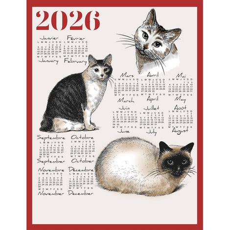 Torchon calendrier 2026 motif chats coton Rouge 46x60 cm