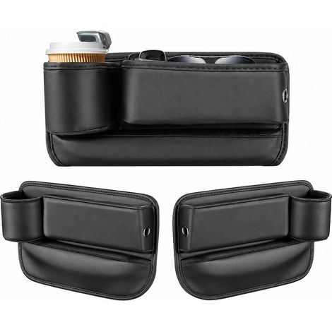 Lot de 2 boîtes de rangement en cuir pour siège auto, porte-gobelet multifonctionnel, universelles, noires (1/5)