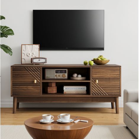 Mueble TV 110x40x48 cm nogal en MDF con puertas de rejilla y gestión de cables (1/5)