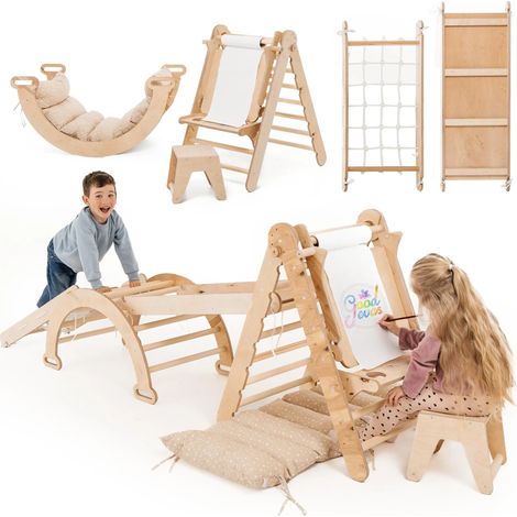 Extra Groß 6-in-1 Indoor Klettergerüst für Kleinkinder - Dreiecksleiter, Bogen & Kletterrampe & Netz & Kissen, Kunstzusatz, Montessori Klettergerüst, Kinder Holzspielplatz für Kids von 1-5 Jahren