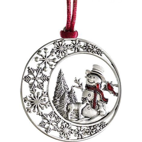 Ornement de sapin de Noël en étain massif avec cordon de suspension en satin rouge, design double face, décoration de bricolage à suspendre pour décorations de fête à la maison (bonhomme de neige) (1/4)