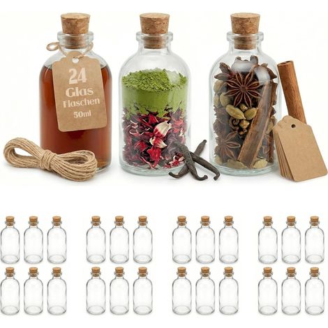 24 Fioles en Verre 50ml - Lot Bouteilles Transparentes avec Bouchon Liège - Flacons Vides pour Mariage et DIY - 7,5cm de Hauteur (1/5)