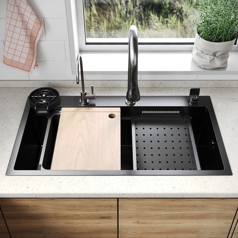 SONNI 304 SUS Edelstahl Küchenspüle mit 1 Becken, Einbecken Unterbauspüle mit Abtropfkorb Abfallsieb Armatur Schneidebrett Tassenuntersetzer Wasserfilterarmatur, Schwarz, 80×45cm