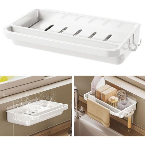Égouttoir mural blanc pour cuisine – support de rangement avec 2 crochets pour chiffons et robinet, en plastique résistant