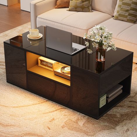 Table basse LED 100x50x40cm - avec un tiroir, console avec 2 compartiments - laquée brillante - noir (1/5)