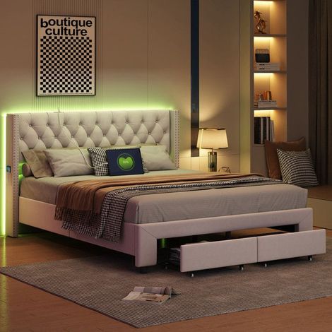 Letto con cassetti - Letto matrimoniale 140x190 in velluto beige - LED RGB integrata - 2 cassetti + spazio di stoccaggio - USB 5V/2A