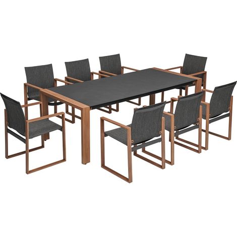 Tavolo da pranzo da giardino per 8 persone, tavolo in vetro temperato e 8 poltrone, Antracite / Marrone, 220 x 100 x 74,5 cm (1/5)