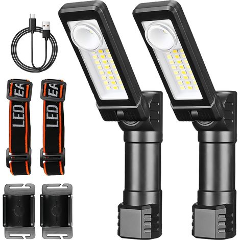 Lot de 2 lampes de travail LED, lampe d'atelier, lampe de poche LED rechargeable, lampe de travail LED avec fonction pivotante, lampes d'inspection COB, lampe de travail pour réparation automobil (1/5)