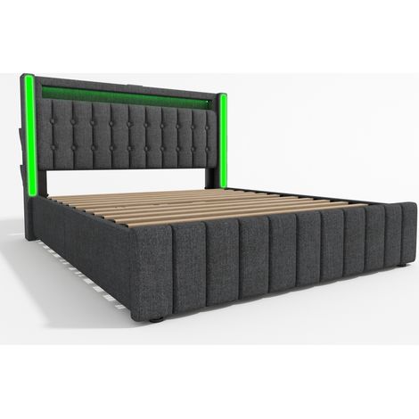 Cama tapizada 140x200 cm gris de tela de lino con LED, carga USB-C y 4 cajones, HOMVRA (1/5)