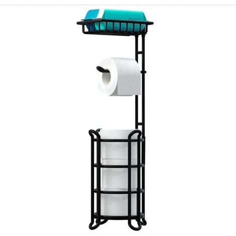 Toilet Paper Holder Stand with Shelf Tissue Holders for Bathroom Free Standing Bath Tissue Roll Holder Magazine Rack for Mega Rolls/Phone/Wipe-Black (1/5)