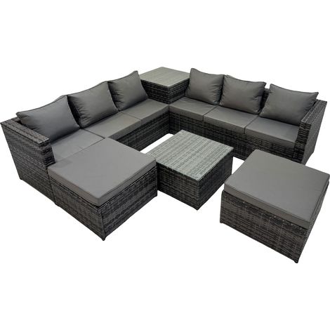 Fimous 8 Seater Garden Outdoor Rattan Furniture Set Patio Corner Sofa Coffee Table with 2 Big Stools Dark Grey (1/5)