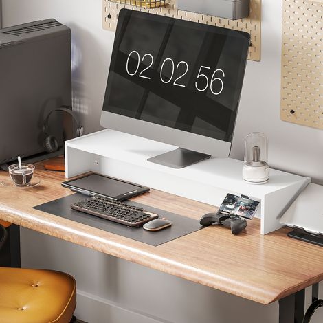 Supporto per Monitor PC con 2 Vani Contenitore, Porta Monitor da Scrivania in Legno, per Laptop e Computer, Portata Fino a 16Kg, 100x27x15 cm, Bianco (1/5)