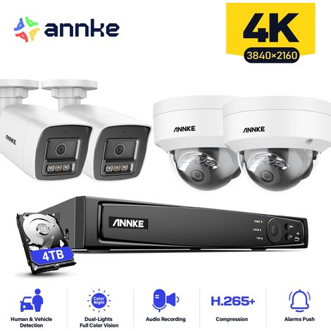 ANNKE 4PCS 12MP Sistema di telecamere di sorveglianza interni esterni, rilevamento di persone/veicoli, accesso remoto visione notturna colori, 2 Bullet + 2 Dome Telecamere 4TB (1/5)