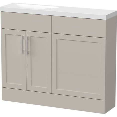 Pirehill Traditional Floor Standing Compact 2 Door Vanity Basin WC Combination Unit with Polymarble Basin, 1000mm, Pebble Grey