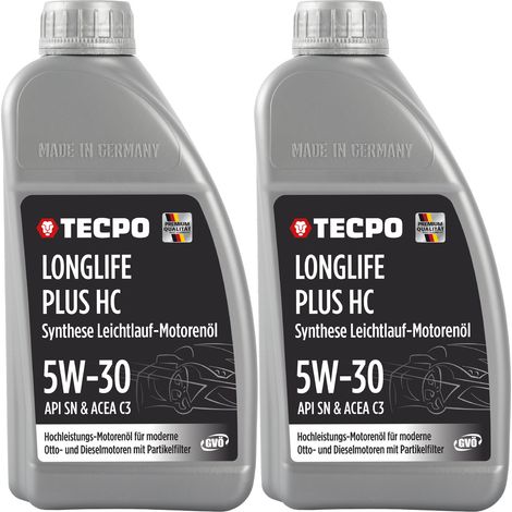 TECPO Motoröl 2 Liter 5W-30 LONGLIFE Plus HC Synthese passend für ACEA C3 / API SN / 504 / 507 / 229.31 / 229.51 / LL-04 / C30
