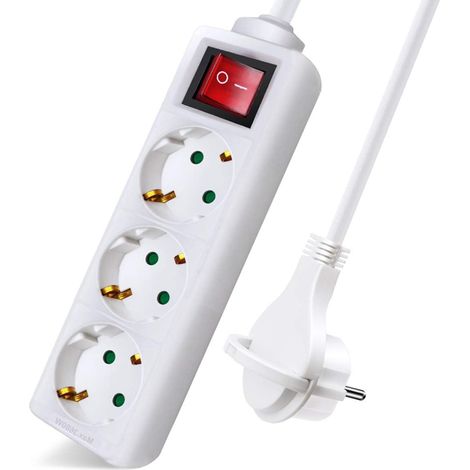 Multiprise avec 3 Prises et Interrupteur, câble 1,5 m, fiche Plate pour la Maison, Le Bureau et Les Voyages, 16 A, 250 V, 3680 W, Blanc (1/5)