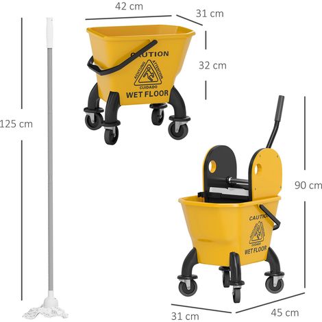 Seau à serpillière avec roulettes et essoreuse amovible, capacité de 26 L, comprenant une serpillière et un manche, jaune (1/5)