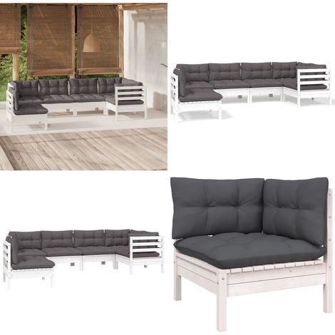 Salon de jardin 6 pcs avec coussins blanc bois de pin - Salon De Jardin - Mobilier De Jardin - Set De Salon De Jardin - Ensemble De Salon De Patio - Bois De Pin - Home & Living (1/5)