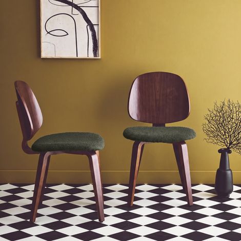 sweeek - Lot de 2 chaises bois de peuplier courbé placage noyer et bouclette texturée kaki - Sophia (1/5)