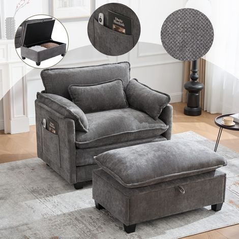 Fauteuil lounge surdimensionné en velours 103x85x91 cm, avec repose-pieds, poches latérales et coussins, confortable pour salon et chambre - Gris (1/5)