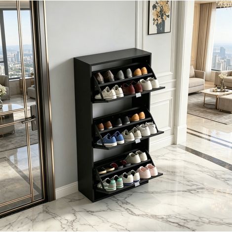 Meuble à chaussures 60x26x124 cm en panneaux de bois noir, avec rangement pour entrée FloraGrace (1/5)