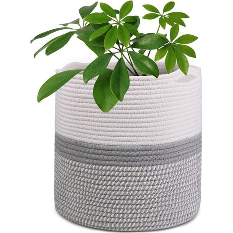 30cm Blumentopf mit Einsatz aus Baumwolle, gewebter Aufbewahrungskorb für Zimmerpflanzen, Weiß & Grau (1/5)