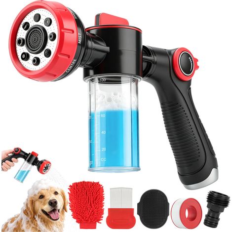 Kit Lavage Chien : Douchette Tuyau Arrosage avec Distributeur de Savon, Pistolet à Mousse, Gant de Lavage Voiture, Brosse de Bain, Peigne Anti-Mue et Ruban d'étanchéité (1/5)