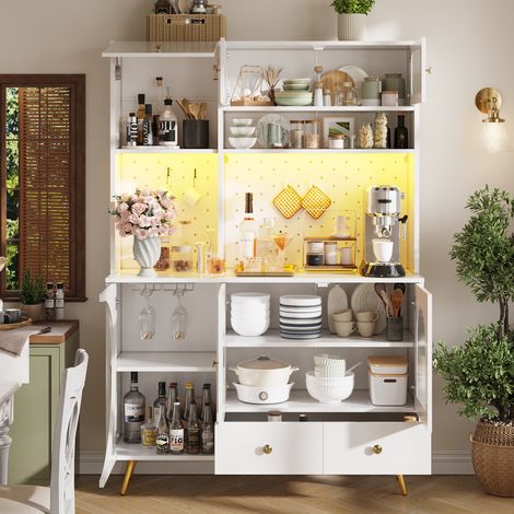 Meuble buffet moderne avec éclairage LED, armoire haute de cuisine avec ports USB et prises, meuble de rangement pour salon et cuisine, colonne de stockage avec panneau perforé, tiroir et étagères en (1/5)